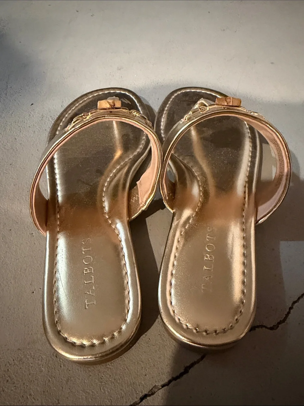 Talbots Metallic Gold Leather Thong Sandals with Horsebit Accent